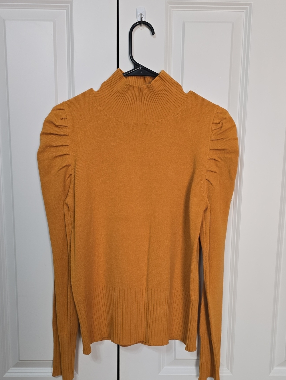 Mustard Puff-Sleeve Mock Neck Sweater